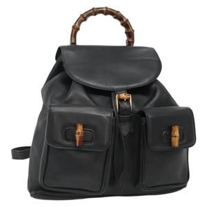 GUCCI Bamboo Backpack Leather Black Gold 008 2058 0016 Auth am8855